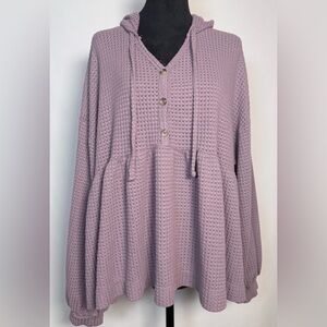 SO, Purple Waffle Knit Long Sleeve Babydoll Pullover Sweater Hoodie XXL